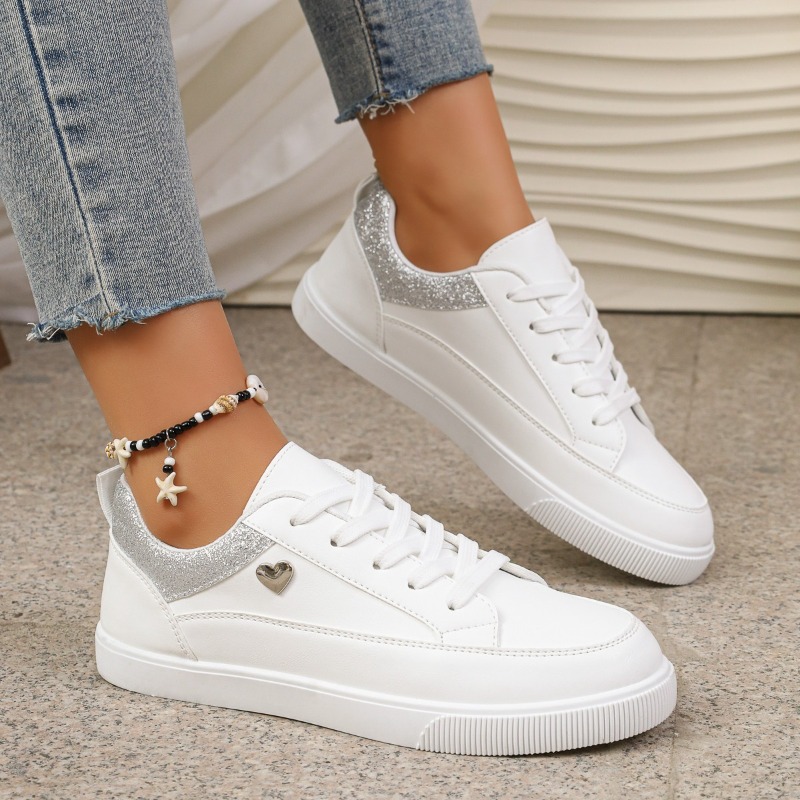 Casual Sneaker Low - Women's White Glitter Heart Sneakers -